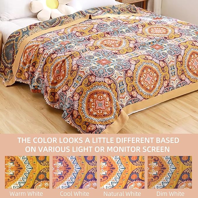 Boho Throw Blanket for Bed - 100% Pure Cotton Ultra Soft Rustic Quilt - Farmhouse Decor Bed Blankets, All Season Rustic Throw for Sofa Couch Chair(60"×80", Boho Flover)