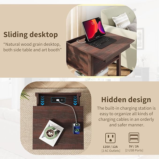 Rresyet Sliding Side Table Set of 2 with Charging Station & 2-Tier Storage,Farmhouse End Table, Wooden Nightstand for Bedroom & Living Room,Cherry