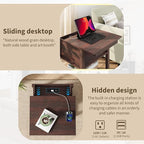 Rresyet Sliding Side Table Set of 2 with Charging Station & 2-Tier Storage,Farmhouse End Table, Wooden Nightstand for Bedroom & Living Room,Cherry