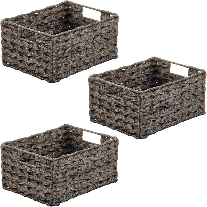 mDesign Woven Farmhouse Kitchen Pantry Food Storage Organizer Basket Bin Box, Container Organization for Cabinets, Cupboards, Shelves, Counter - Store Potatoes, Onions, Fruit, 3 Pack, Espresso Brown