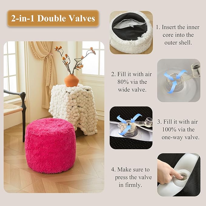 XeGe Fluffy Faux Fur Inflatable Pouf Ottoman, Soft Fuzzy Foot Stool Anti-Slip, Plush Foldable Foot Rest Floor Pouf for Kids Girls Adult, Cute Round Ottoman Cushion Living Room Bedroom, Hot Pink