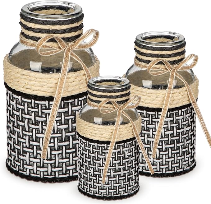 Hollyone 3Pcs Flower Vase Glass Vase with Cotton Rope Cover Woven Glass Vase Decorative Flower Bottle Modern Vase for Table Centerpiece Farmhouse Wedding Home Decor Black & White