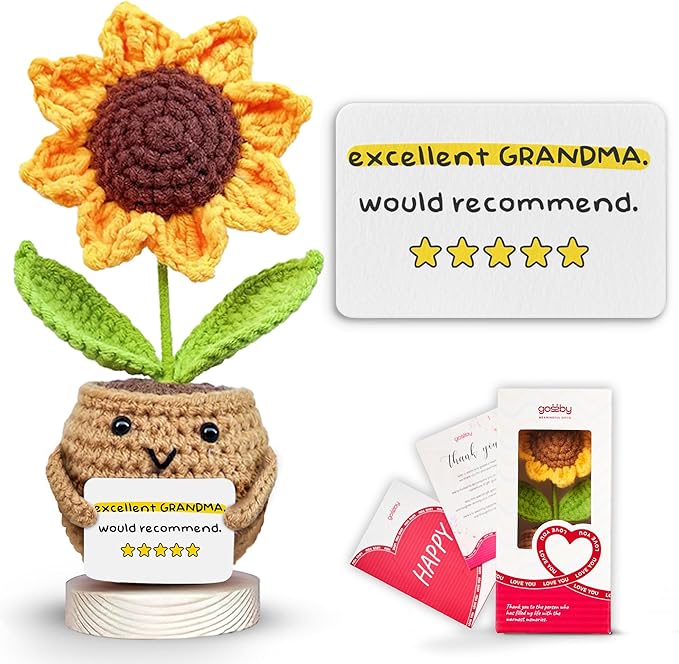 Gossby Positive Sunflower Doll Crochet with Card - Excellent Grandma Would Recommend - Gift for Grandma from Granddaughter, Grandson, Grandkid - Mothers Day, Christmas, Birthday Gift for Grandmother