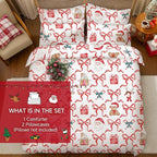 Christmas Comforter Set Queen Size,Red Christmas Bed Set with Reindeer, Bows and Santa Claus Bedding for Holiday, 3 Pieces 1 Reversible Comforter and 2 Pillowcases