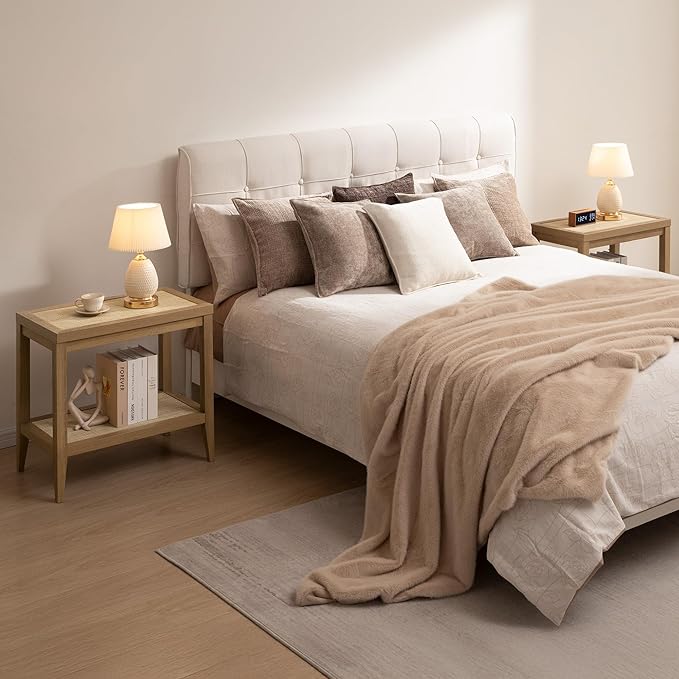 SICOTAS Rattan Nightstands Set of 2 Bedside Table - Boho Narrow End Table Living Room Set of 2 Side Table with Rattan Storage Shelves for Small Space