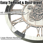 DORBOKER 24" Large Wall Clock with Moving Gears,Oversize Vintage Industrial Rustic Farmhouse Clocks for Living Room Decor Office Home,Solid Wood Retro Metal HD Tempered Glass Cover,Desert Beige