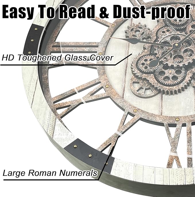 DORBOKER 24" Large Wall Clock with Moving Gears,Oversize Vintage Industrial Rustic Farmhouse Clocks for Living Room Decor Office Home,Solid Wood Retro Metal HD Tempered Glass Cover,Desert Beige