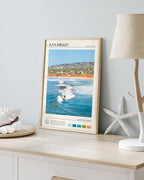 HesenDot Natural OAK Wood San Diego Surfing Framed Wall Art,12x16in Natural Seascape Canvas Wall Print,Classic Urban Landmark Wall Decor for Living Room,Bedroom,Office Gallery Gifts Set of 1