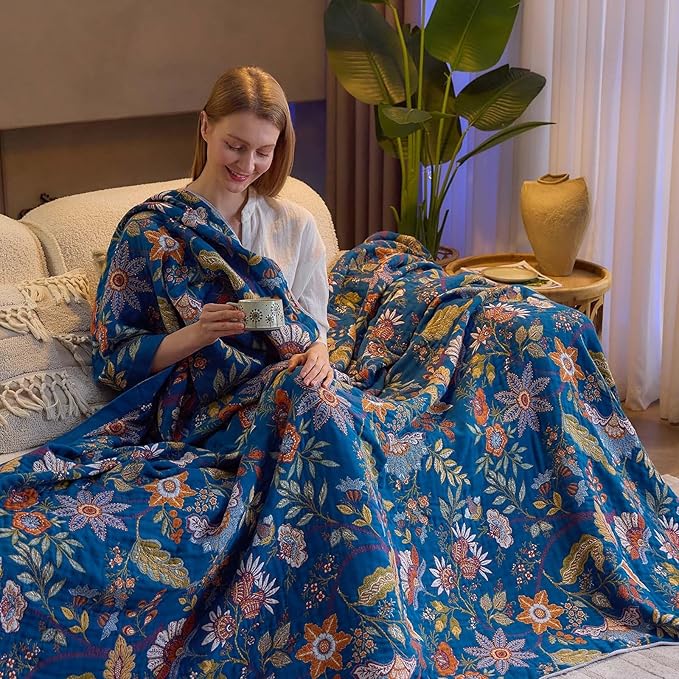 Fall Throw Blanket for Couch, Blue Boho Decorative Throw Blanket, 100% Cotton Muslin Breathable Woven Farmhouse Blankets Quilt, 90"x98" Reversible Lightweight Blankets Bohemian Throw Quilt