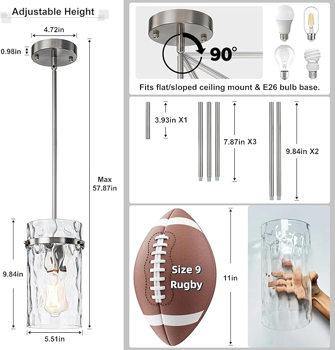 Nickel Hammered Hand-Blown Glass Pendant Light, Pendant Lights Kitchen Island Brush Nickel Pendant Light Fixtures over Island Modern Kitchen Island Lighting Dining Light Fixture Bedroom Foyer 1 Pack