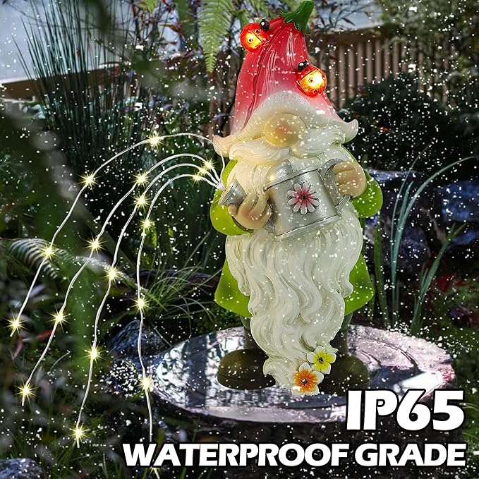 Joliyoou Solar Garden Statue Outdoor Decor, 10.2" H Resin Gnome with Watering Can & Solar Fairy Lights, Waterproof Standing Gnome Figurine for Lawn Yard Pathway Patio Front Door Decoration