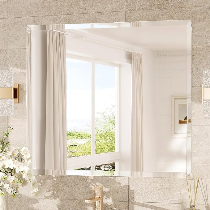 TokeShimi 40x30 Frameless Mirror Bathroom Rectangle, Bathroom Vanity Mirror Beveled with 1" Beveled Edge, Shatterproof Farmhouse Mirrored Wall Mounted for Living Room, Entryway, Restroom