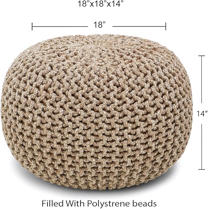 REDEARTH Round Pouf Ottoman - Hand Knitted Cable Boho Poof Home Décor Pouffe Circular Footrest for Living Room - Nursery - Bedroom - Lounge 100% Cotton (18”x18”x14”) - Beige Ivory