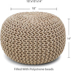 REDEARTH Round Pouf Ottoman - Hand Knitted Cable Boho Poof Home Décor Pouffe Circular Footrest for Living Room - Nursery - Bedroom - Lounge 100% Cotton (18”x18”x14”) - Beige Ivory