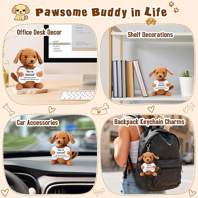 Crochet Dog Small Funny Gifts, Handmade Emotional Positive Crochet Animals, Mini Cool Cute Stuff Things Presents, Inspirational Puppy Dog Gifts for Women Men, Fun Pet Ornament Desk Decor Decorations