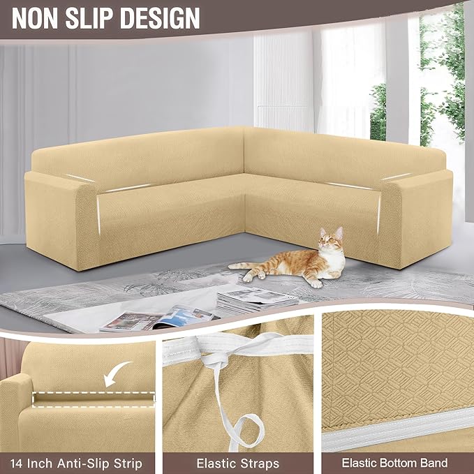 HDCAXKJ Sectional Couch Cover L Shape Stretch Sofa Covers Washable Jacquard Corner Couch Slipcover Non Slip Sectional Slip Cover U Shaped Furniture Protector for Pets Dogs (Beige, Small)