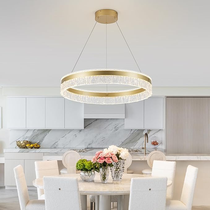 MADEM Modern Gold Led Pendant Light,36W Dimmable LED Chandelier Lighting Fixture, 1 Ring Circular Hanging Led Pendant Lighting for Living Room Dining Room Kitchen Island Foyer Office