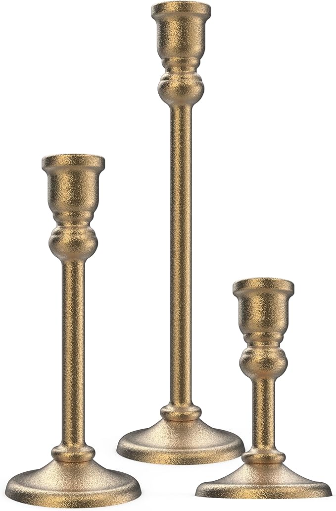 3-Piece Metal Candle Holders Set - Heavy Duty Alloy Taper Candlesticks for Table Centerpiece, Christmas, Dinner Party, Vintage Home Decor - 5-7.5 -10.3Inch Tall, Antique Gold Finish (Gold)