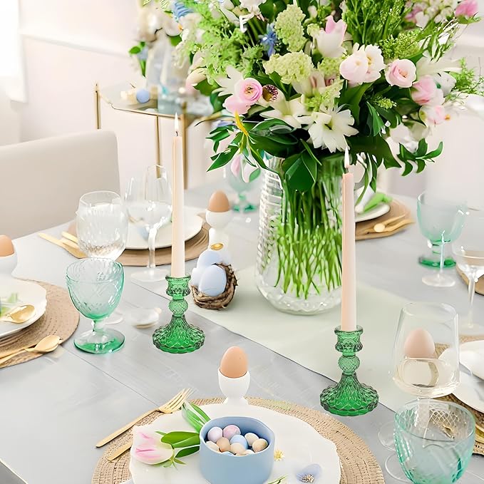 Glass Candlestick Holder,Striped Taper Candle Holders,Set of 6 Candle Stand for Table Centerpieces, Home Decor,Weddings,Festival and Parties (Green Dimond Pattern)