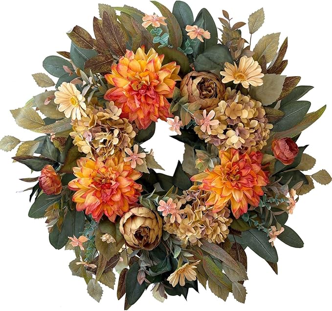 WANNA-CUL 24 Inch Spring Fall Wreaths for Front Door,Fall Wreath with Orange Hydrangea&Peony and Dahlia Flowers-Fall Decoration for Home-Large Fall Decor Door Wreath for Autumn,Harvest