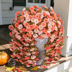 Artificial Fake Fall Mums Hanging Flowers Plants for Outdoor Decoration, 2 PCS Faux Silk Morning Glory Trailing Vines UV Resistant for Wall Home Porch Patio Party Decor (Fall Orange and Light Orange)