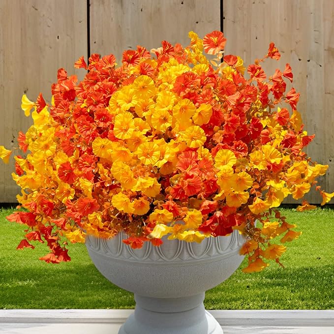 16 Bundles Fall Mums Artificial Flowers for Outdoor Decoration,Realistic Fake Plants Orange Red Petunias, UV Resistant Faux Yellow Silk Flowers for Vase Planter Front Door Porch Garden (Autumn)