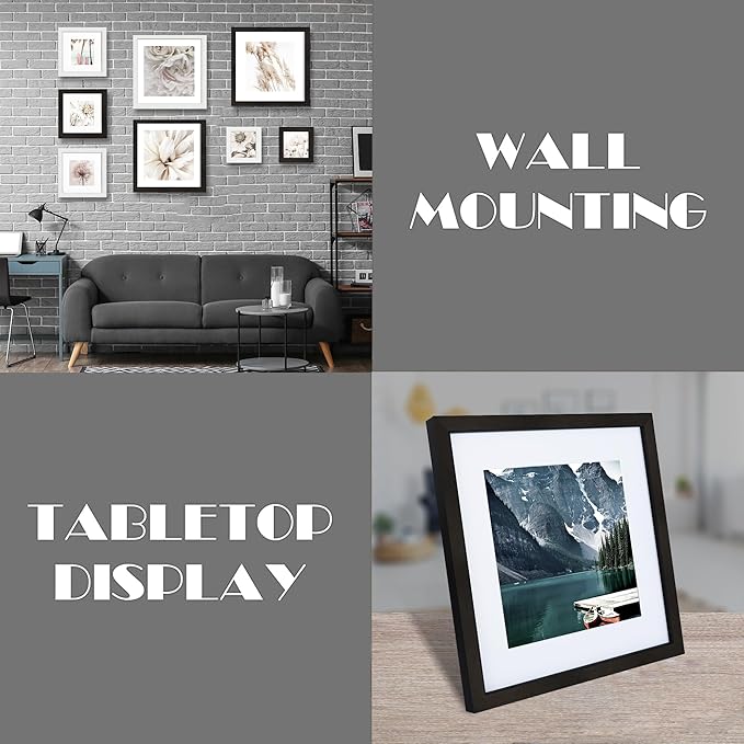 11x11 Black Picture Frame set of 3, Made of Wooden Square Photo frame - Displays 8x8 Picture With Mat or 11 x 11 Without Mat, Desktop and Wall Mounting Collage Frame set