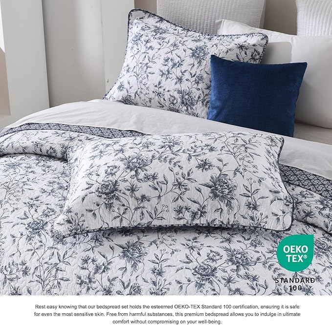 DDUOXIN Botanical Oversized King Bedspread - 120" W x120 L Extra Wide 100% Cotton California Quilt, Lightweight Reversible Oversize Bedspreads with 2 Pillow Shams, Blue/White