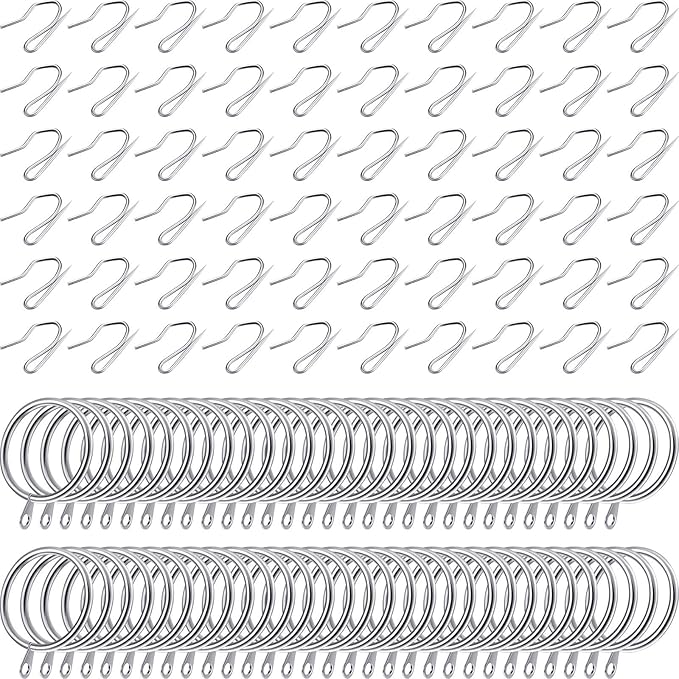 Hotop 60 Pieces 1.26 Inch Metal Drapery Curtain Rings Curtain Hanging Rings and 60 Pieces Metal Drapery Pin Hooks for Drapes Window Door Shower (Silver)