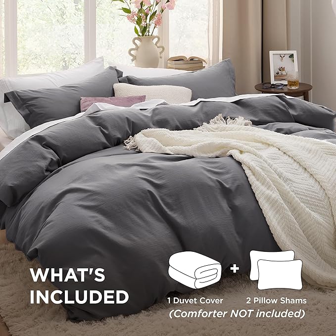 Bedsure Dark Grey Oversized Queen Duvet Cover - 3 Pieces Prewashed Cotton-Like Extra Soft Bedding Set, Includes 1 Duvet Cover 98x98 Inches with Zipper Closure & 2 Pillow Shams, Comforter Not Included