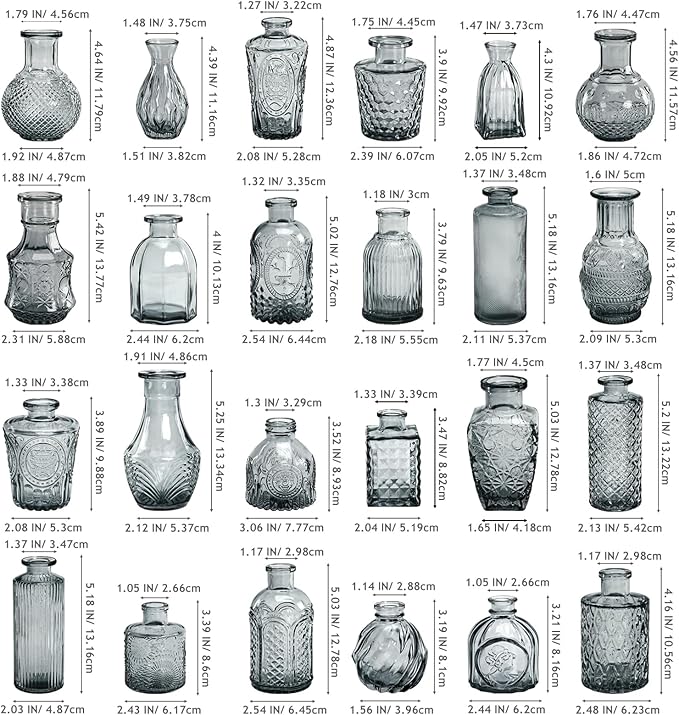 Grey Bud Vases in Bulk 24, Embossed Glass Small Vases for Flowers, Vintage Mini Flower Vase for Centerpieces, Wedding Decoration, Party, Baby Shower, Birthday, Home Decor, Living Room, Office