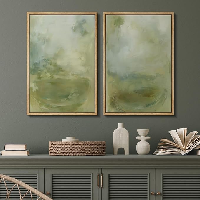 SIGNFORD Framed Canvas Print Wall Art Set Soft Green Abstract Contemporary Neutral Landscape Illustration Modern Art Decorative Nordic Nature for Living Room, Bedroom, Office - 24"x36"x2 Natural