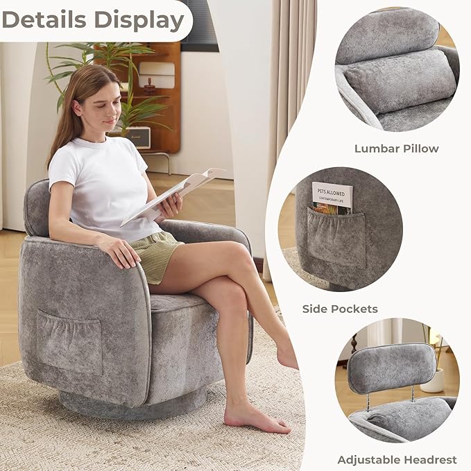 Modern 360°Swivel Accent Chair Set of 2 with Adjustable Headrest, Round Swivel Barrel Chairs with Lumbar Pillow, Vanity Chair for Makeup, Comfy Living Room Armchair for Living Room, Bedroom, Grey