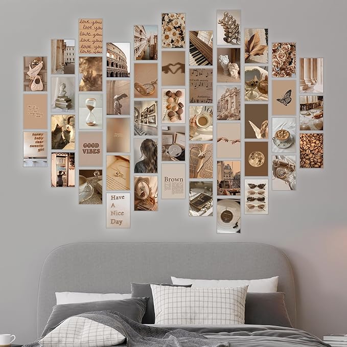 Y2K BOO Beige Brown Aesthetic Wall Collage Kit – 50 Modern & Vintage Photos, 4"x6" Semi-Gloss Prints for Teen Girls Dorm Room Decor, Cozy & Warm Everyday Moments, Gift for Birthday & Graduation