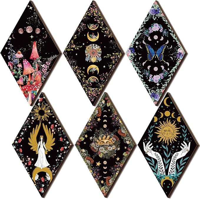 Qunclay 6 Pcs Rustic Boho Wall Decor Gothic Wall Art Witchy Phases Moon Sun Home Decor Wooden Farmhouse Hanging Halloween Christmas Decoration(Classic Style)