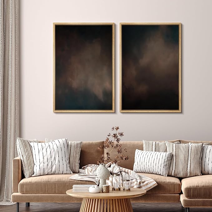 SIGNFORD Framed Canvas Print Wall Art Set Moody Dark Abstract Earth Tones Illustration Modern Art Decorative Nordic Nature for Living Room, Bedroom, Office - 16"x24"x2 Natural
