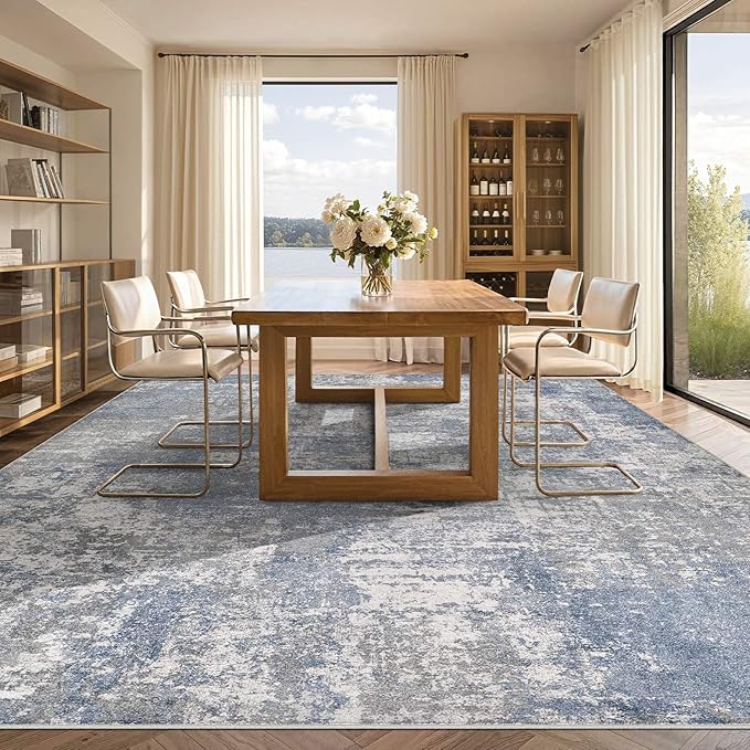 Tortania Washable 10x14 Area Rug for Living Room: Modern Abstract Neutral Large Soft Thin Rugs - Non Slip Indoor Carpet for Bedroom Dining Room Office Nursery Home Floor Decoration - Blue Grey