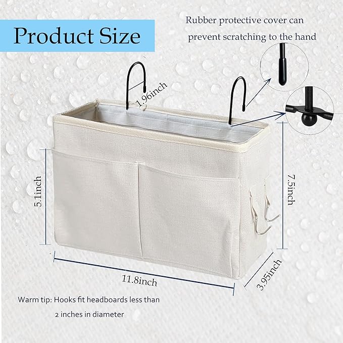 Bedside Caddy Organizer/Bedside Hanging Storage Bag Multi-Function Caddy for Bunk bed Hospital Beds Dorm Bed Rails, Holders Books Glasses Phones Magazine(White)