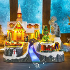 Christmas Village House Musical Christmas Collectible Buildings Church Train Snowman Children Skating with LED Lights Vacation Village with USB Indoor Figurines Indoor Tabletop Decoration