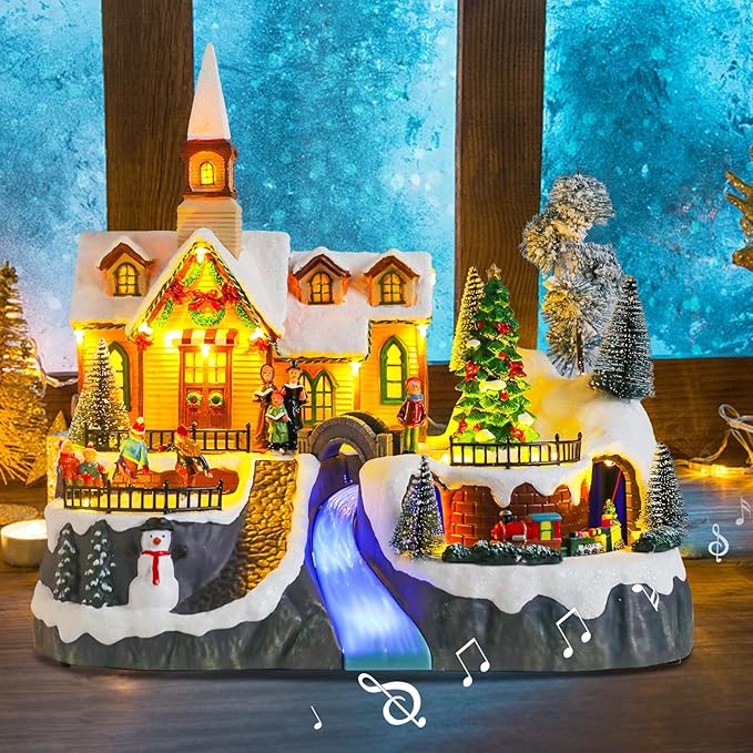 Christmas Village House Musical Christmas Collectible Buildings Church Train Snowman Children Skating with LED Lights Vacation Village with USB Indoor Figurines Indoor Tabletop Decoration