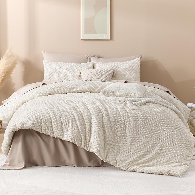 Andency Beige Boho Full Size Comforter Set, 3 Pieces Chevron Tufted Farmhouse Lightweight and Fluffy Bedding Set, All Season Bed Set (79x90In Comforter and 2 Pillow Shams)