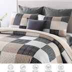 Y-PLWOMEN Quilts Queen Size, 100% Cotton Queen Quilt Set, Brown Khaki Black White Patchwork Plaid Queen Size Bedspread, Lightweight Reversible Soft Summer Quilt Bedding Set, 3-Pieces