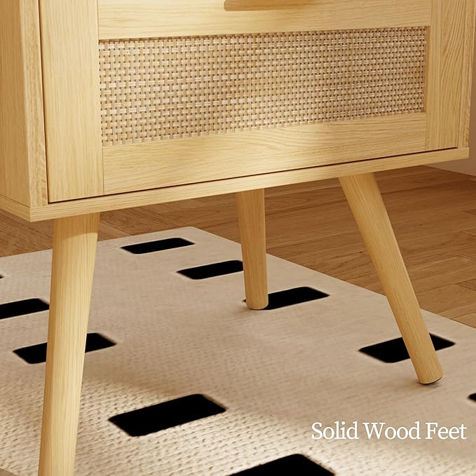 Rattan Nightstand,Farmhouse Bedside Table with 2 Storage Drawer and Open Wood Shelf, for Bedroom and Small Spaces,Night Stand with Solid Wood Legs (Yellow Oak)
