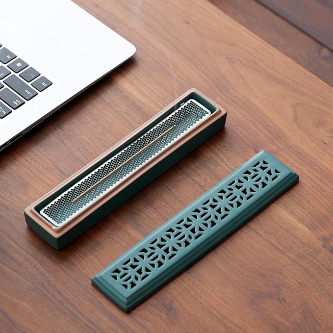Incense Holder,Ceramic Incense Holder for Sticks with Ash Catcher,Coffin Style Incense Box,Incense Burner for Meditation Yoga Spa Room Decor(Green)