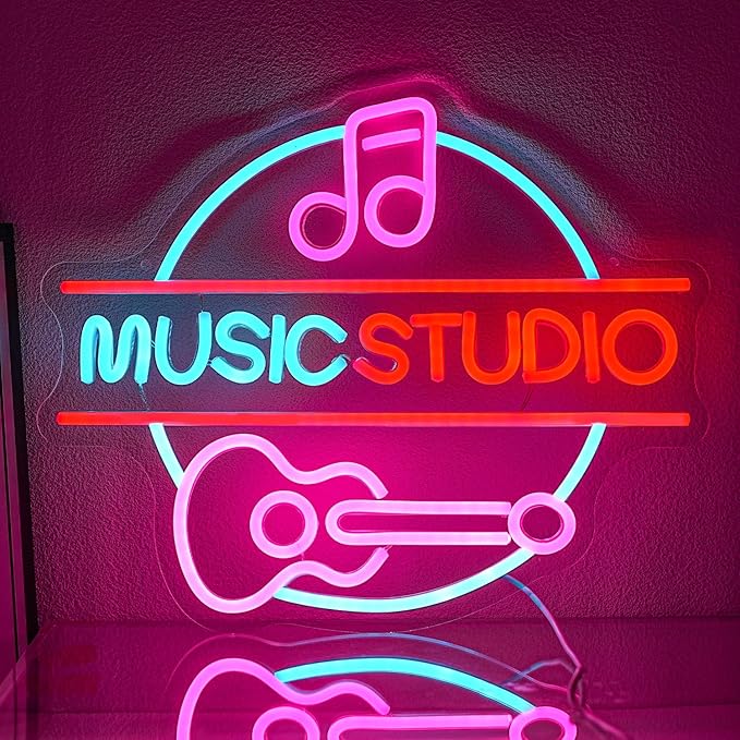 Music Neon Sign for Wall Decor Music Studio Letter Neon Light Dimmable Guitar Neon Light Sign Pink Notes LED Sign for Recording Studio Concert Club Bar Bedroom