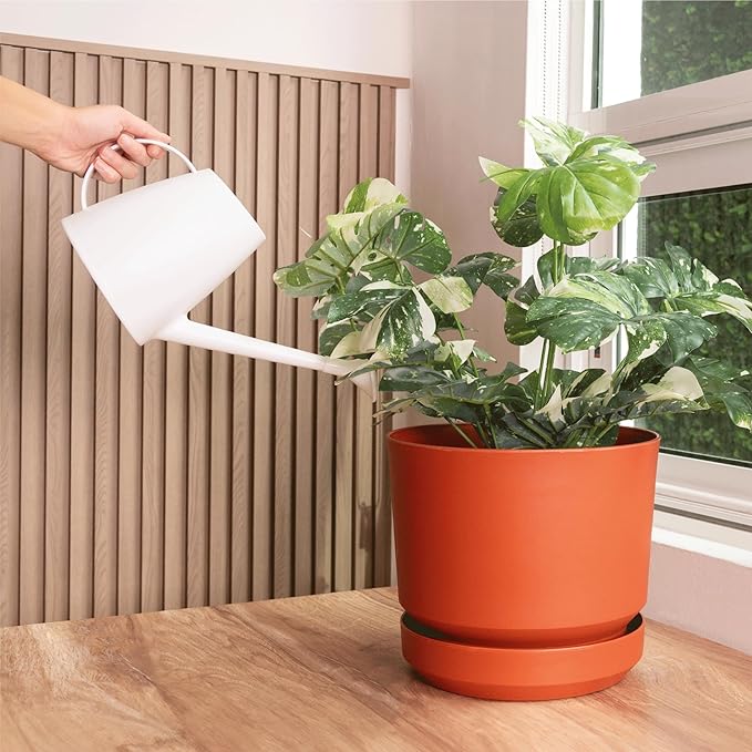 Elly Décor 10 inch Plastic Cylinder Planter Pot with Self-Watering Saucer and Drainage Hole,Lightweight & Extremely Durable, 10"x 10", Terracotta