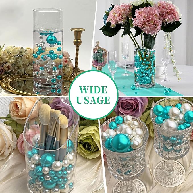 100PCS Lake Green Faux Pearls Beads for Centerpiece Vases, Vase Filler Faux Pearls, No Holes Filler Beads for Party Anniversary Birthday Wedding Table Decor, 14/20/30mm