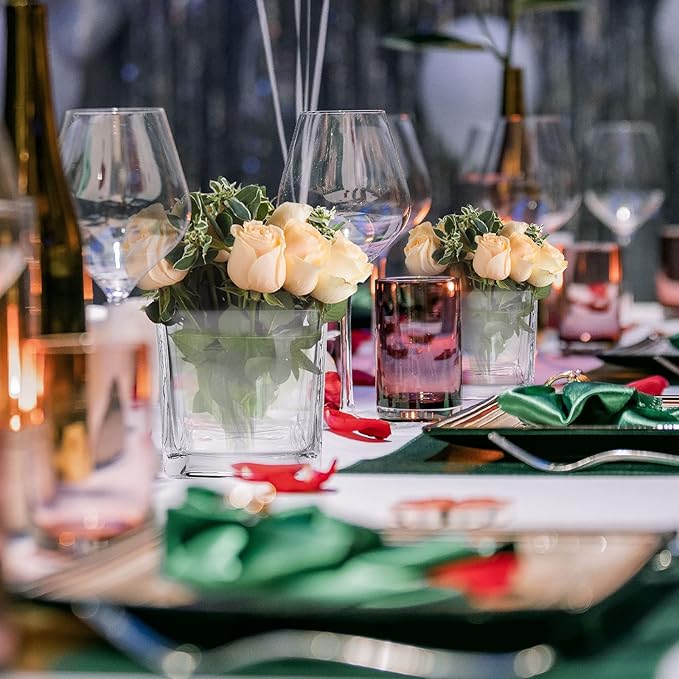 Set of 6 Square Glass Vases 4 x 4 Inch, Clear Cube Flower Vases with Sponge Brush, Candle Holders, Decorative Centerpieces for Home, Events or Weddings