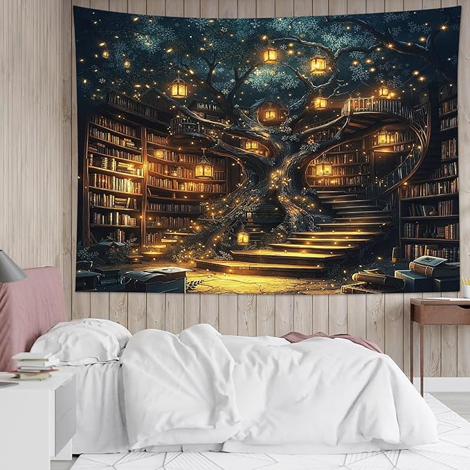 HVEST Fantasy Library Bookshelf Tapestry for Classroom Fairytale Tree Magic Bookshelf Wall Decor Retro Vintage Tapestry for Bedroom Living Room Study Room Dorm, 60L x 80W Inches