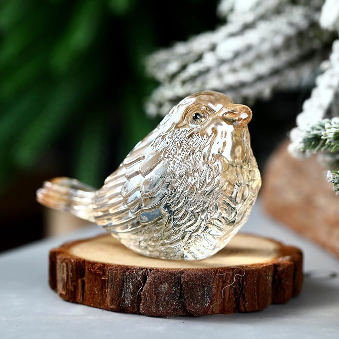 Crystal Glass Bird Figurines Glass Robin Bird Decoration Paperweight Hand Blown Glass Art Animal Collectible Figurines Gift for Women (Gold)